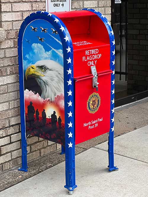 Retired Flagdrop at door of American Legion Post 39 in North Saint Paul, MN.