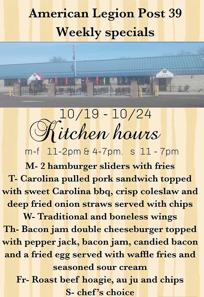 Weekly Food Specials October 19 thru 24, 2026.